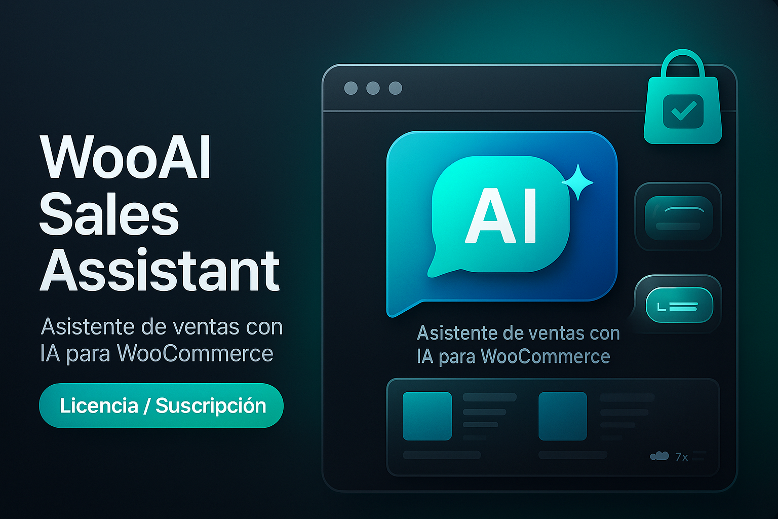 Portada del plugin WooAI Sales Assistant con interfaz de chat en una tienda online
